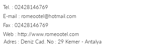 Romeo Beach Hotel telefon numaralar, faks, e-mail, posta adresi ve iletiim bilgileri